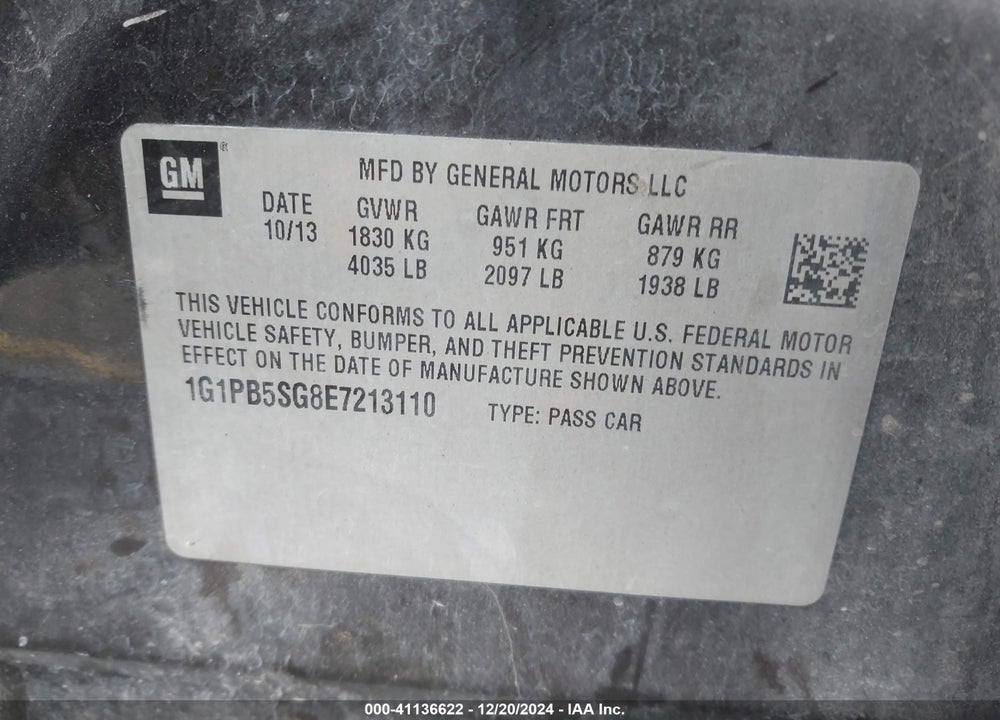 2014 CHEVROLET CRUZE LS MANUAL VIN: 1G1PB5SG8E7213110