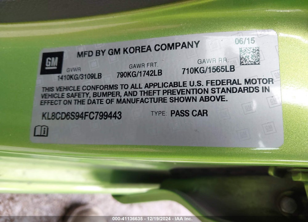 2015 CHEVROLET SPARK 1LT CVT VIN: KL8CD6S94FC799443