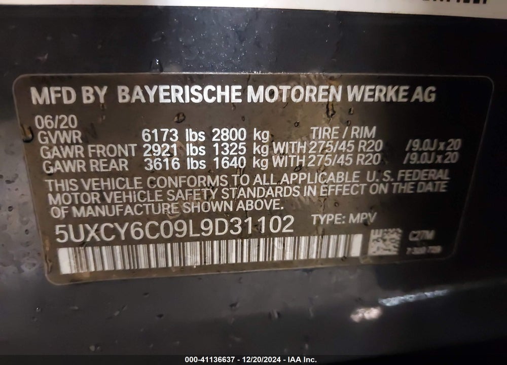 2020 BMW X6 XDRIVE40I VIN: 5UXCY6C09L9D31102