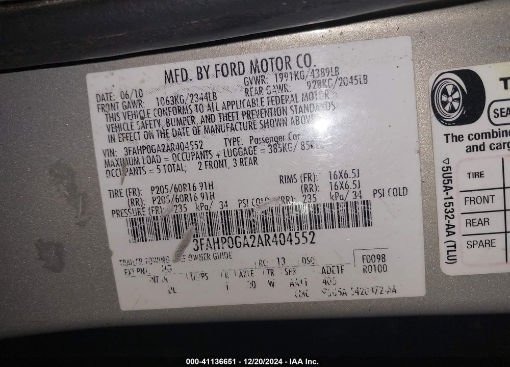 2010 FORD FUSION S VIN: 3FAHP0GA2AR404552