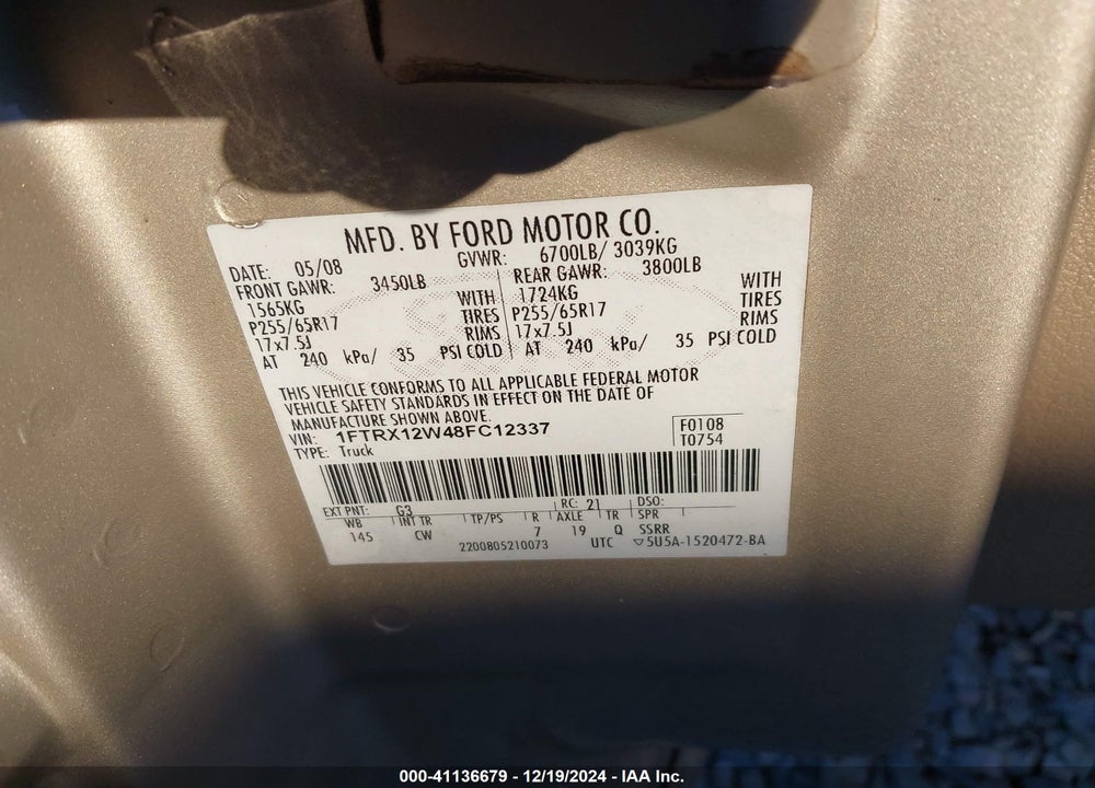 2008 FORD F-150 FX2/STX/XL/XLT VIN: 1FTRX12W48FC12337