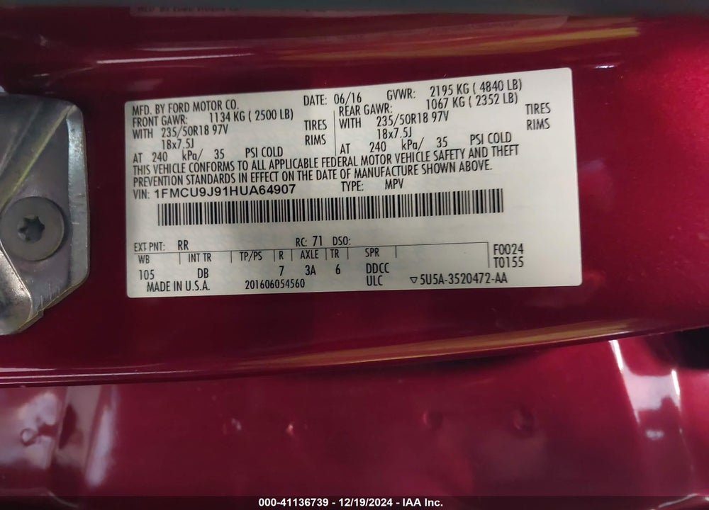 2017 FORD ESCAPE TITANIUM VIN: 1FMCU9J91HUA64907