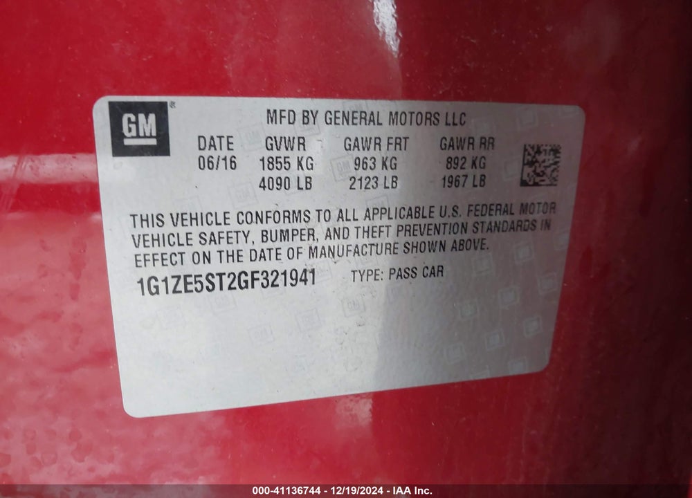2016 CHEVROLET MALIBU VIN: 1G1ZE5ST2GF321941