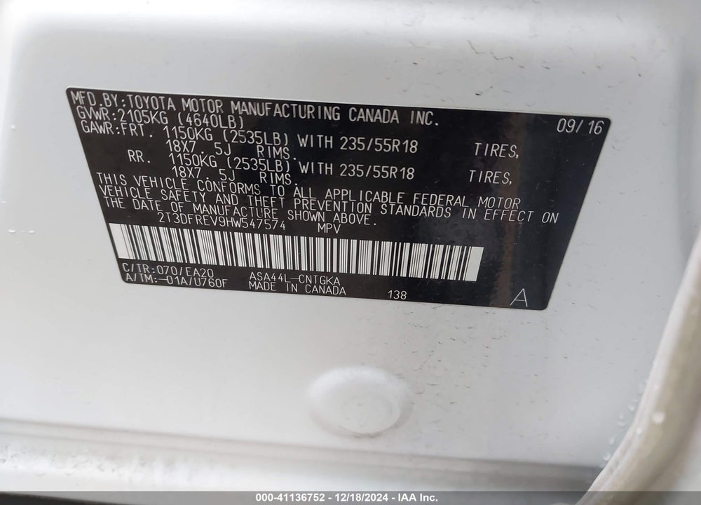 2017 TOYOTA RAV4 PLATINUM VIN: 2T3DFREV9HW547574