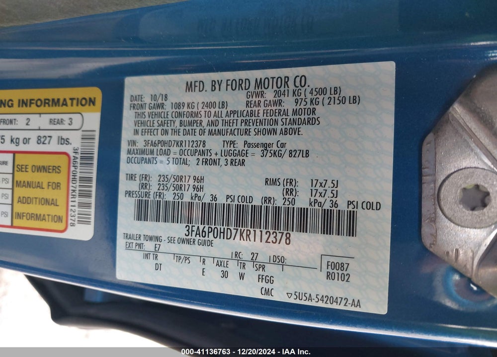 2019 FORD FUSION SE VIN: 3FA6P0HD7KR112378