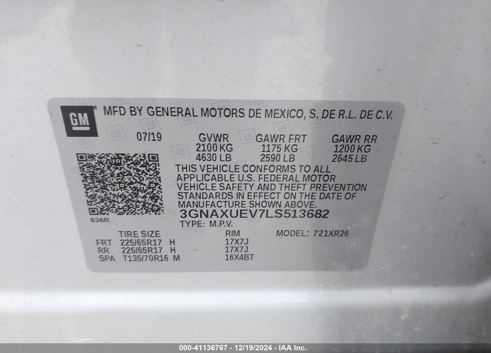 2020 CHEVROLET EQUINOX AWD LT 1.5L TURBO VIN: 3GNAXUEV7LS513682
