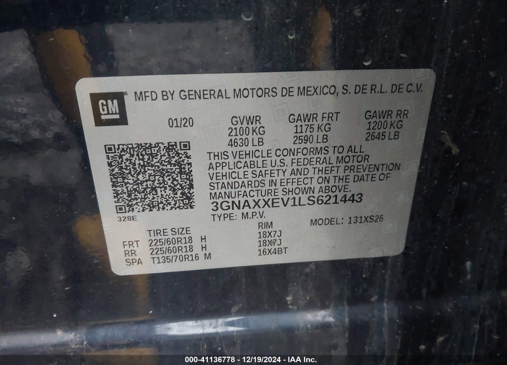 2020 CHEVROLET EQUINOX AWD PREMIER 1.5L TURBO VIN: 3GNAXXEV1LS621443