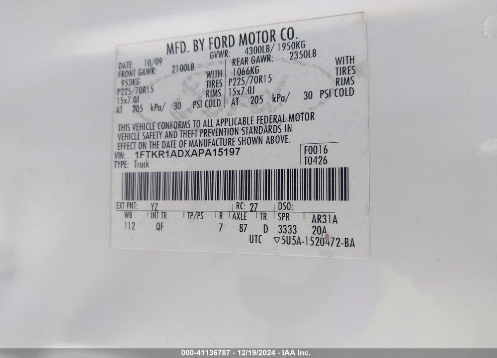2010 FORD RANGER XL/XLT VIN: 1FTKR1ADXAPA15197