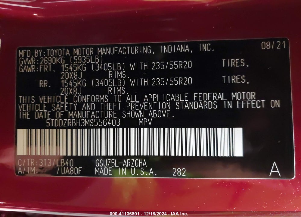 2021 TOYOTA HIGHLANDER LIMITED VIN: 5TDDZRBH3MS556403