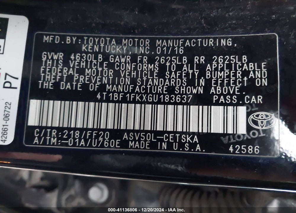 2016 TOYOTA CAMRY SE VIN: 4T1BF1FKXGU183637