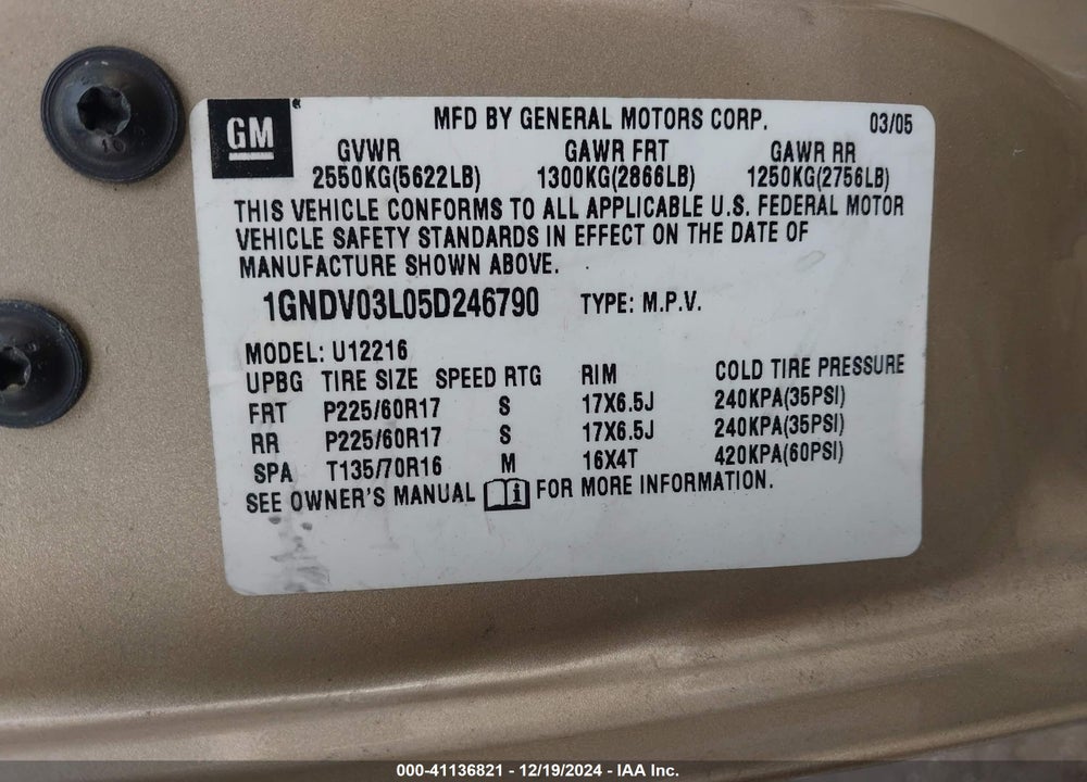 2005 CHEVROLET UPLANDER VIN: 1GNDV03L05D246790