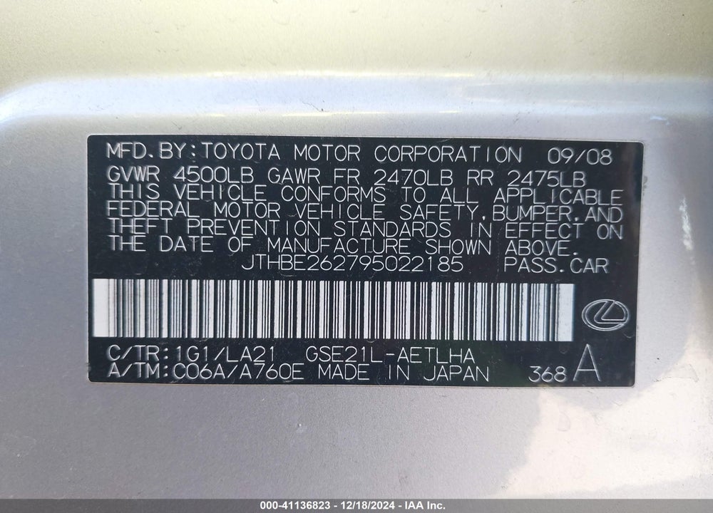 2009 LEXUS IS 350 VIN: JTHBE262795022185