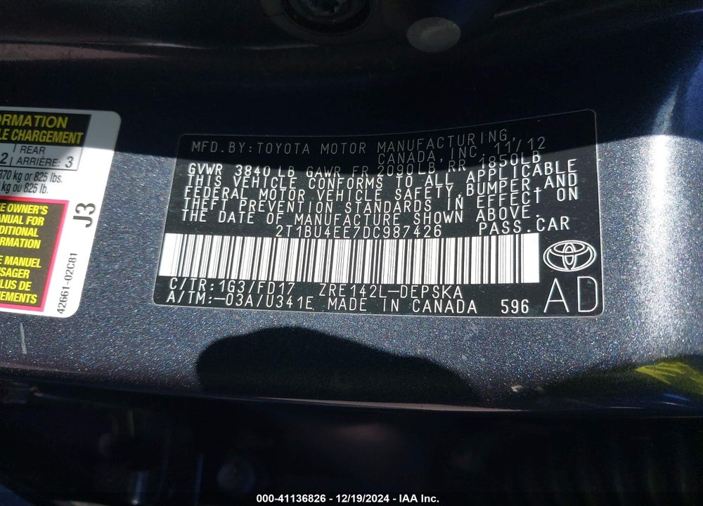 2013 TOYOTA COROLLA S VIN: 2T1BU4EE7DC987426