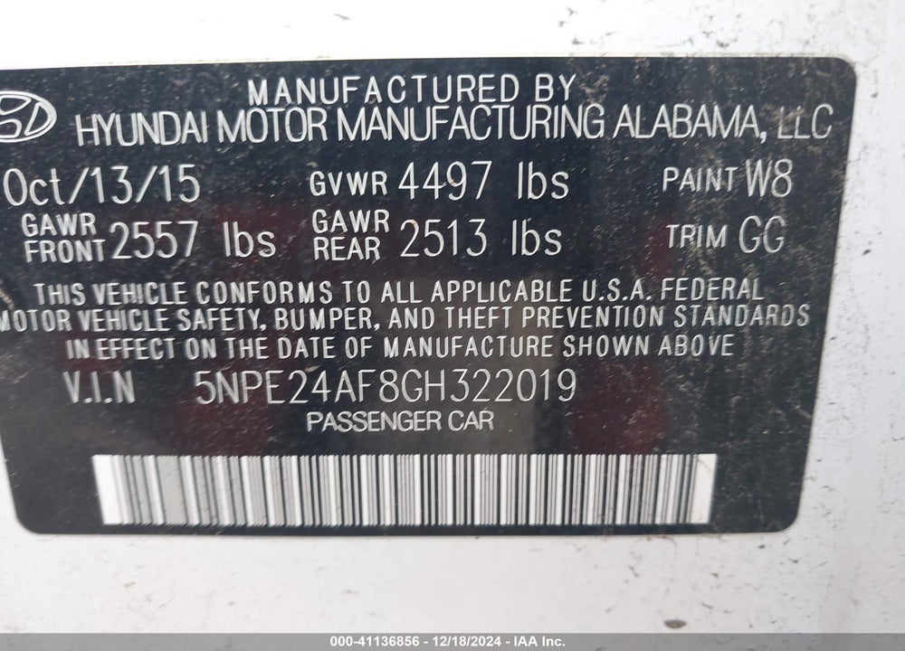 2016 HYUNDAI SONATA SE VIN: 5NPE24AF8GH322019