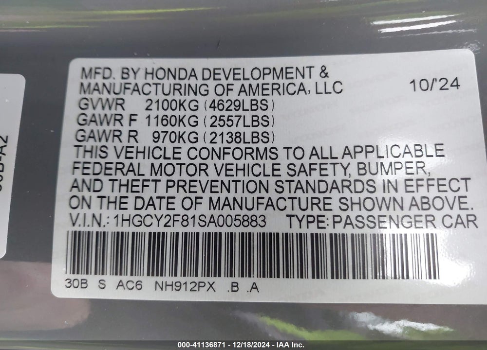 2025 HONDA ACCORD VIN: 1HGCY2F81SA005883