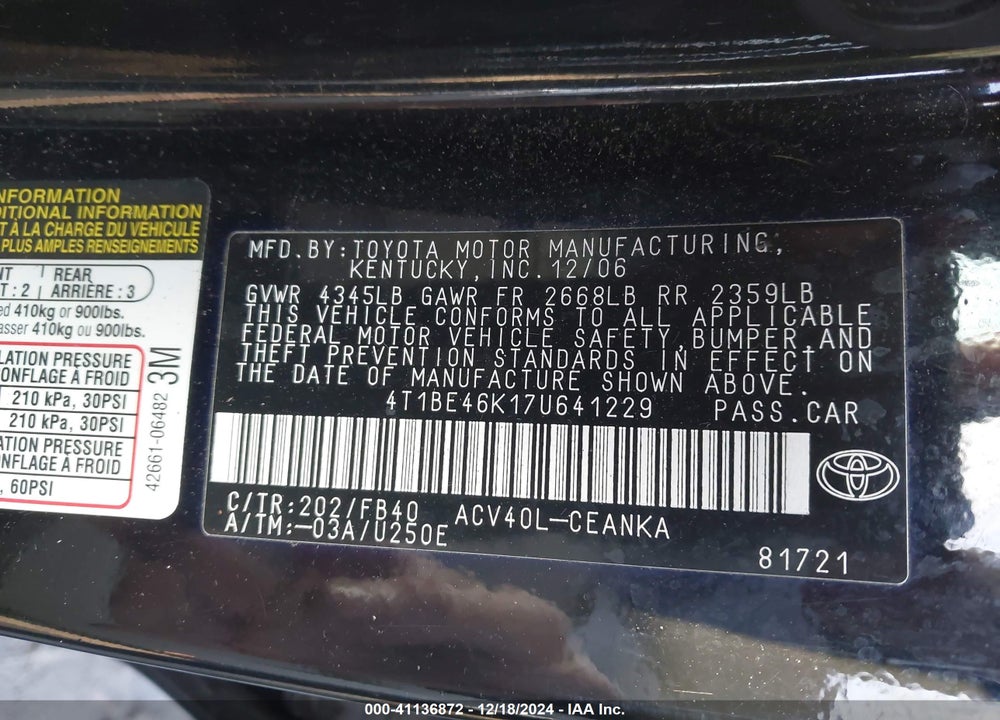 2007 TOYOTA CAMRY VIN: 4T1BE46K17U641229