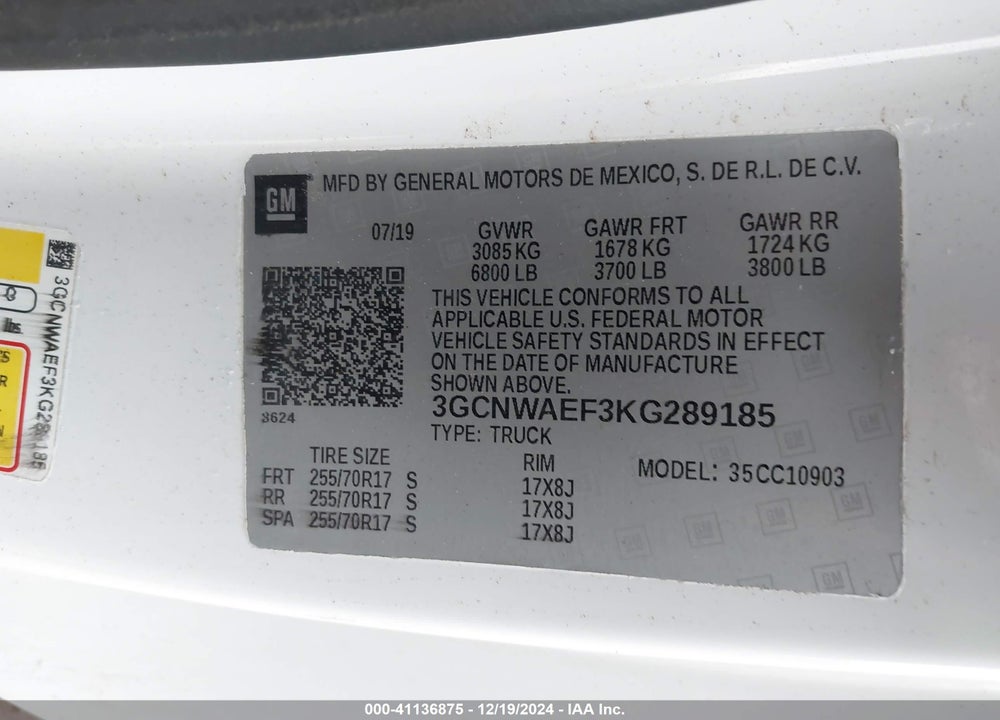 2019 CHEVROLET SILVERADO 1500 VIN: 3GCNWAEF3KG289185