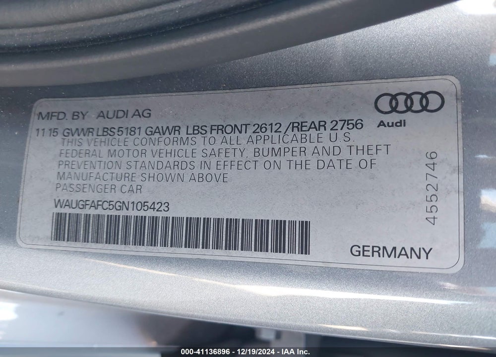 2016 AUDI A6 2.0T PREMIUM PLUS VIN: WAUGFAFC5GN105423