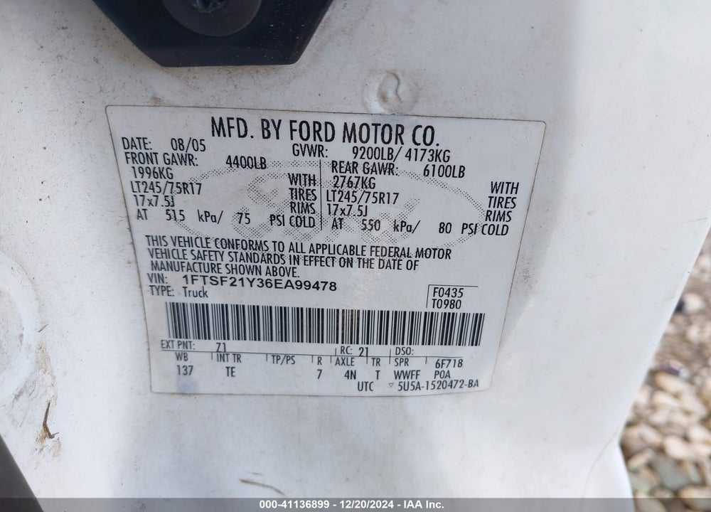 2006 FORD F-250 XL/XLT VIN: 1FTSF21Y36EA99478