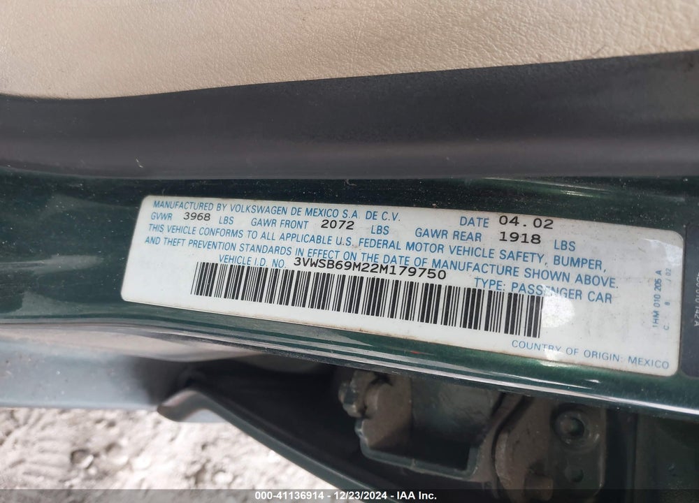 2002 VOLKSWAGEN JETTA GLS VIN: 3VWSB69M22M179750