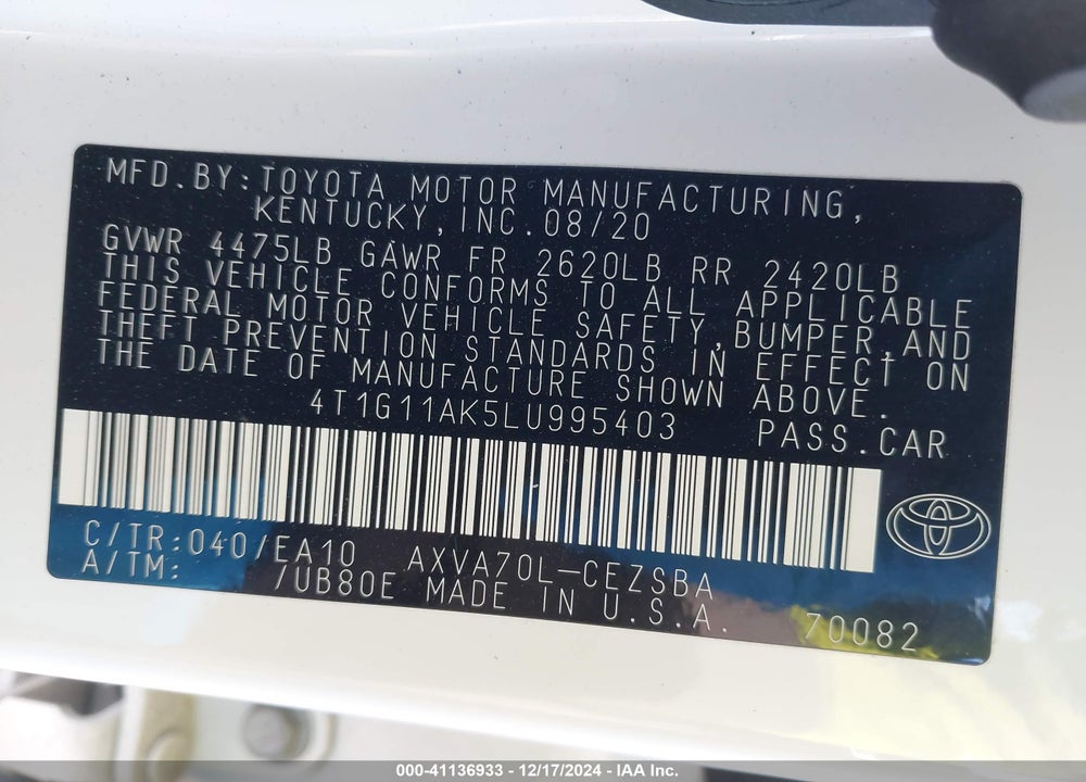 2020 TOYOTA CAMRY SE VIN: 4T1G11AK5LU995403