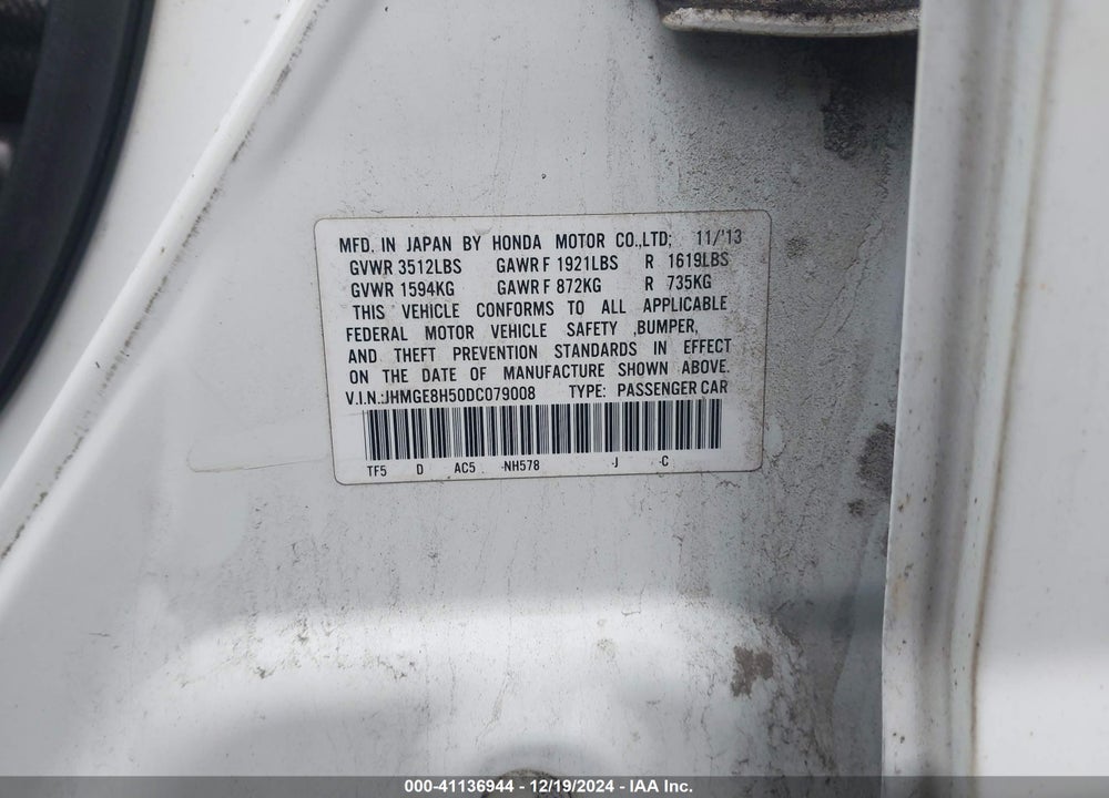 2013 HONDA FIT SPORT VIN: JHMGE8H50DC079008