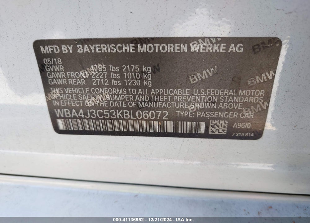 2019 BMW 430I GRAN COUPE VIN: WBA4J3C53KBL06072