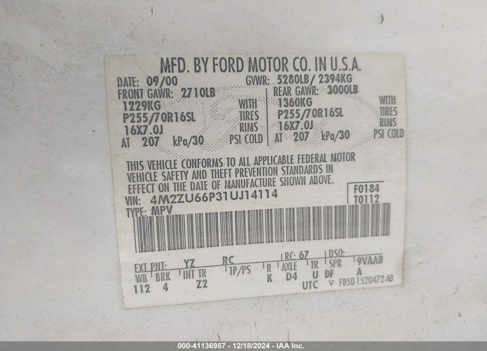 2001 MERCURY MOUNTAINEER VIN: 4M2ZU66P31UJ14114