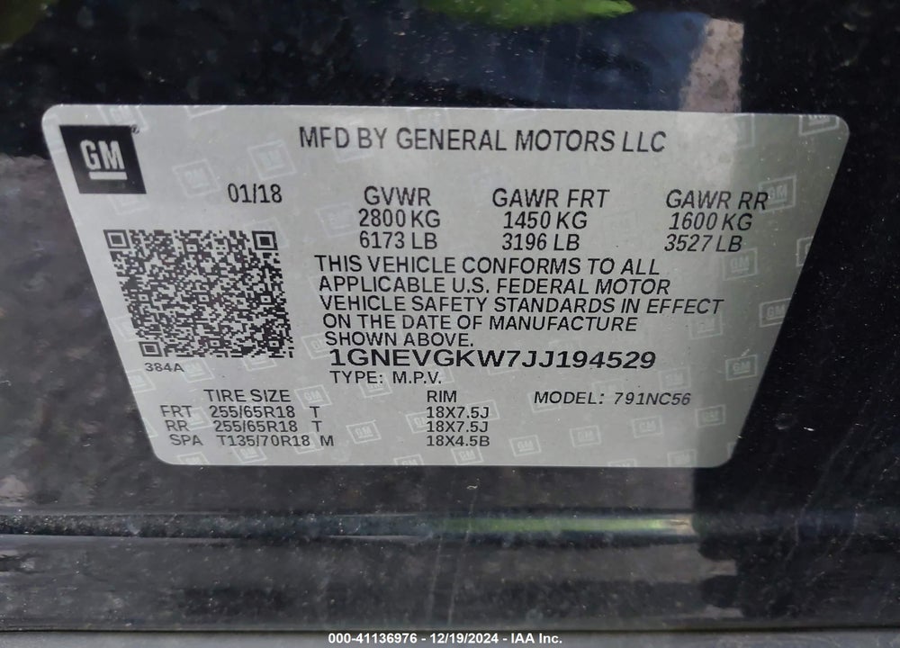 2018 CHEVROLET TRAVERSE VIN: 1GNEVGKW7JJ194529