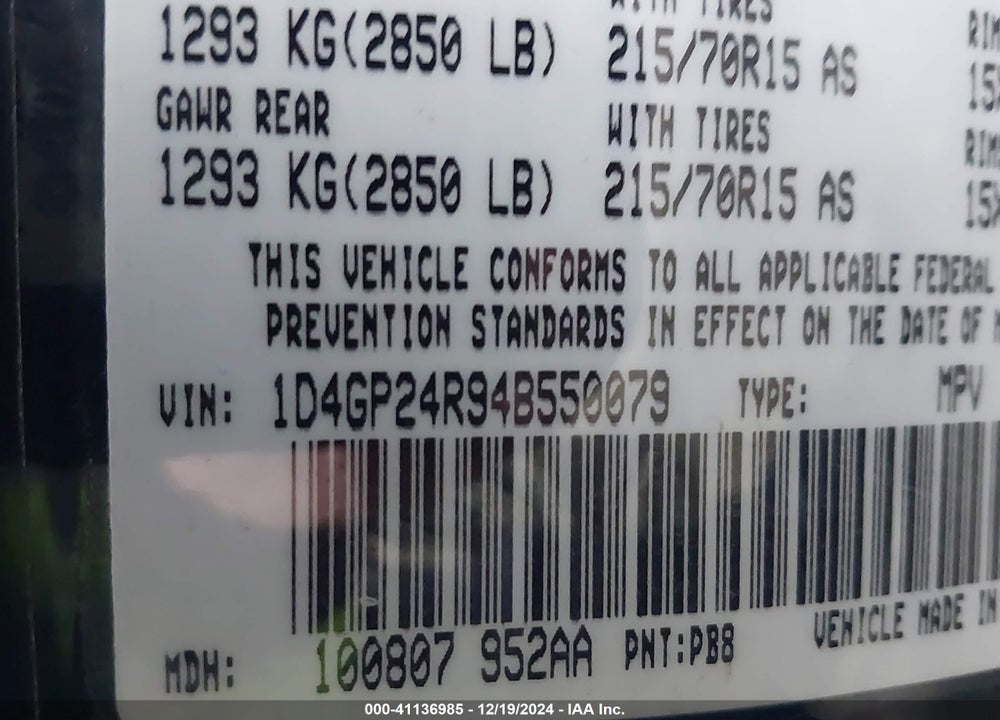 2004 DODGE GRAND CARAVAN SE VIN: 1D4GP24R94B550079