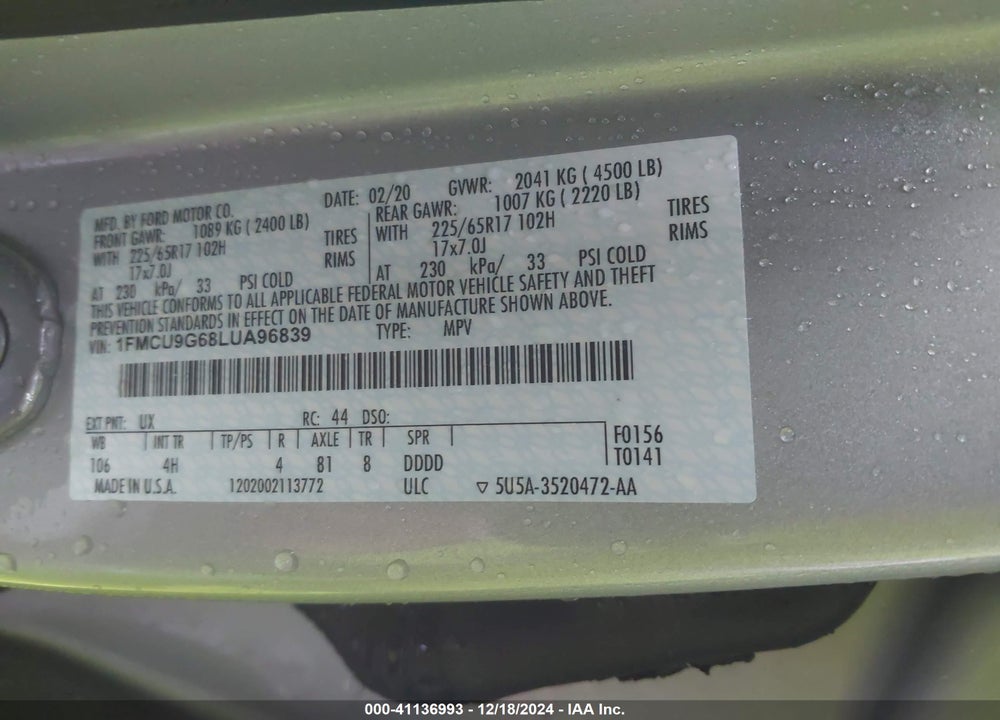 2020 FORD ESCAPE SE VIN: 1FMCU9G68LUA96839