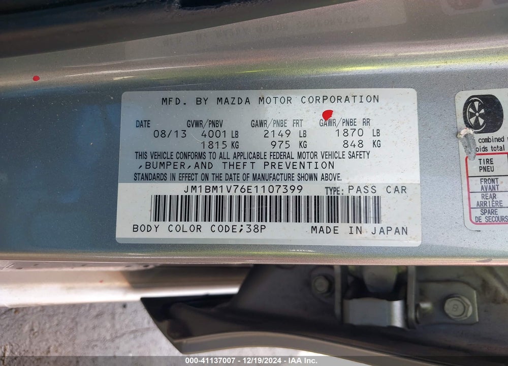 2014 MAZDA 3 I TOURING VIN: JM1BM1V76E1107399