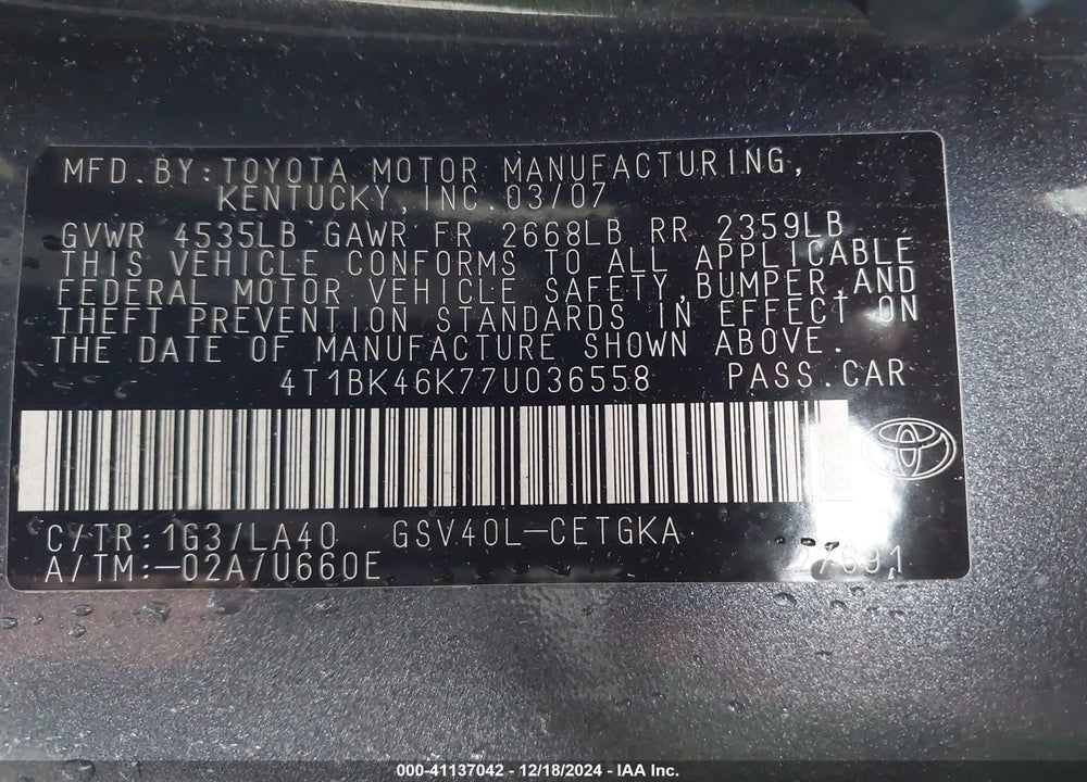 2007 TOYOTA CAMRY XLE V6 VIN: 4T1BK46K77U036558