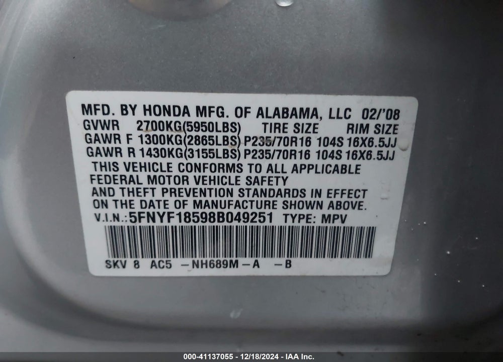 2008 HONDA PILOT EX-L VIN: 5FNYF18598B049251