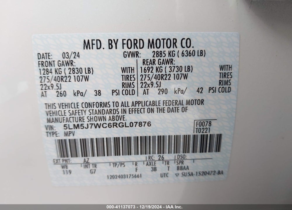 2024 LINCOLN AVIATOR VIN: 5LM5J7WC6RGL07876