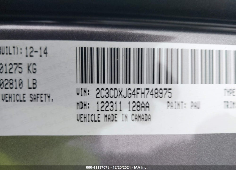 2015 DODGE CHARGER VIN: 2C3CDXJG4FH748975