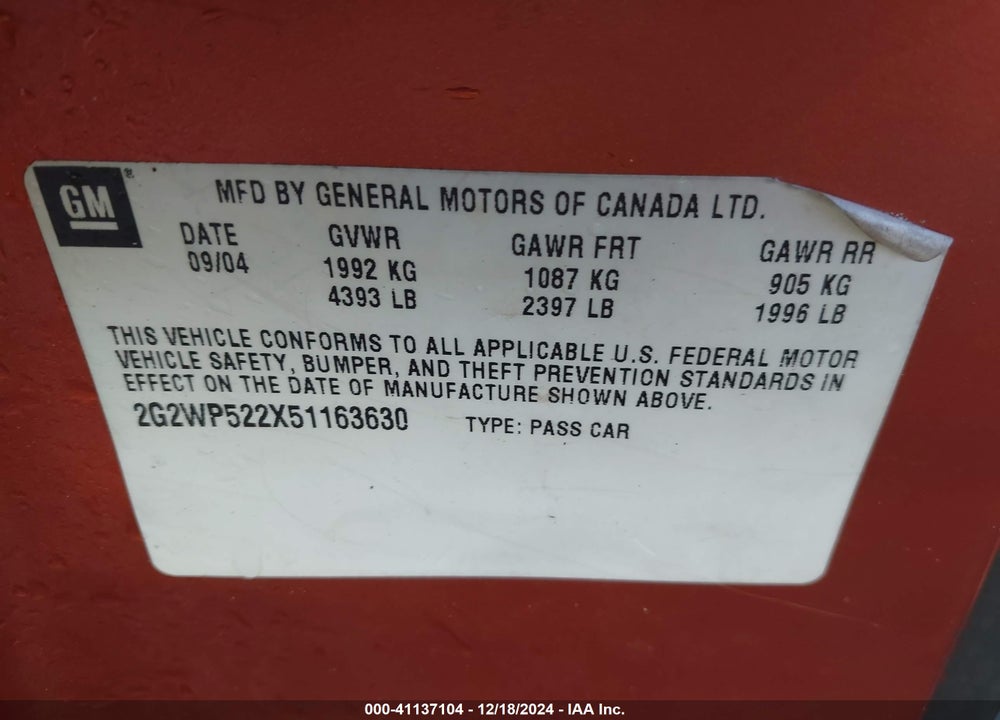 2005 PONTIAC GRAND PRIX VIN: 2G2WP522X51163630