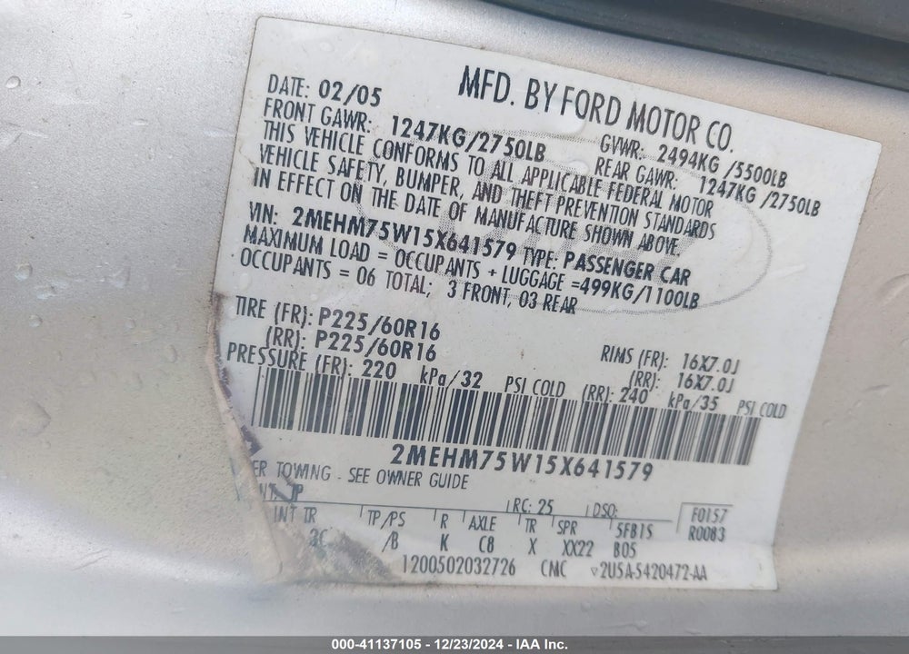 2005 MERCURY GRAND MARQUIS LS/LSE VIN: 2MEHM75W15X641579