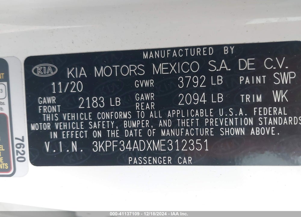 2021 KIA FORTE VIN: 3KPF34ADXME312351