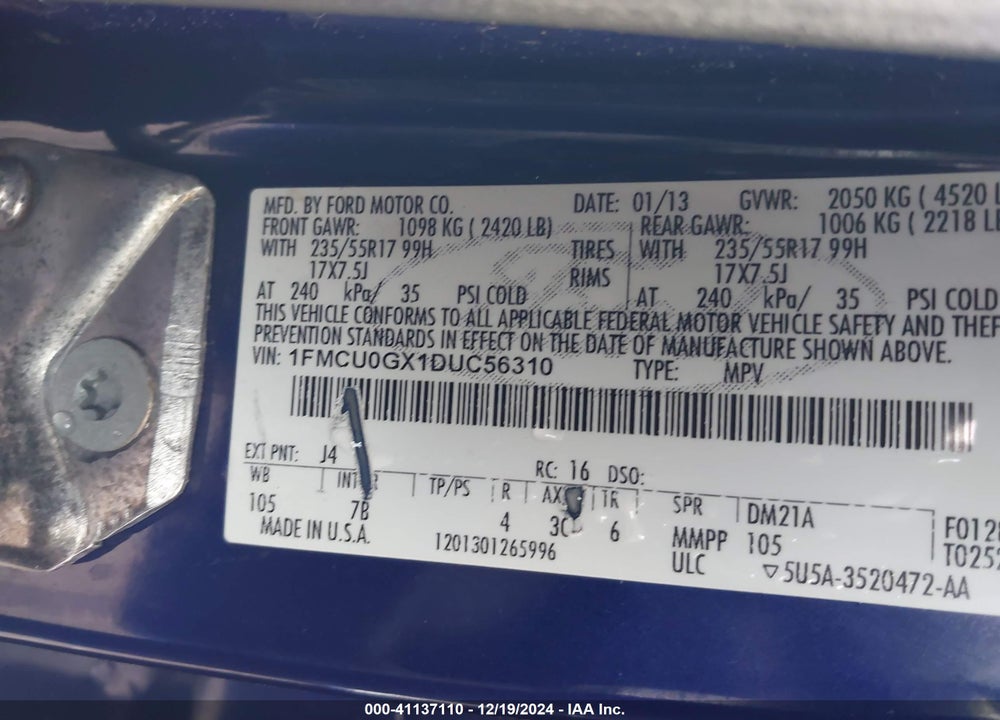 2013 FORD ESCAPE SE VIN: 1FMCU0GX1DUC56310