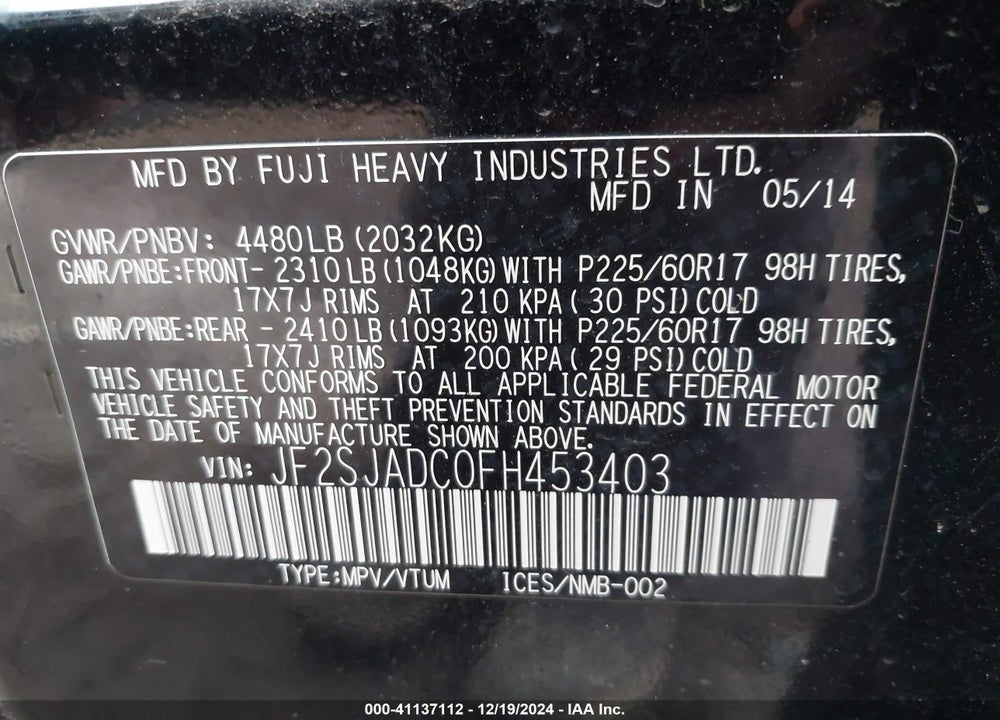 2015 SUBARU FORESTER 2.5I PREMIUM VIN: JF2SJADC0FH453403