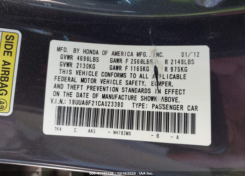 2012 ACURA TL 3.5 VIN: 19UUA8F21CA023390