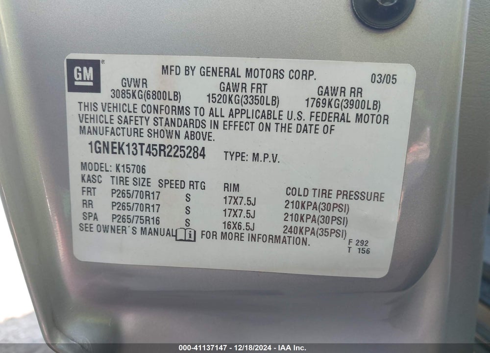 2005 CHEVROLET TAHOE Z71 VIN: 1GNEK13T45R225284