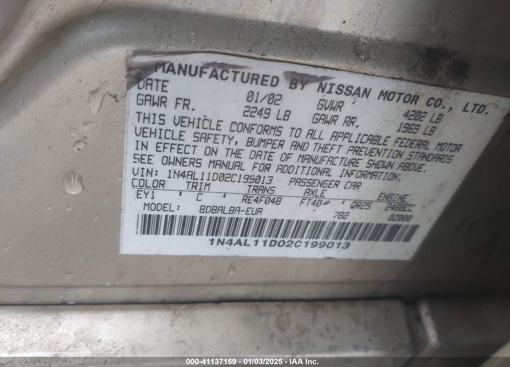 2002 NISSAN ALTIMA 2.5 S VIN: 1N4AL11D02C199013