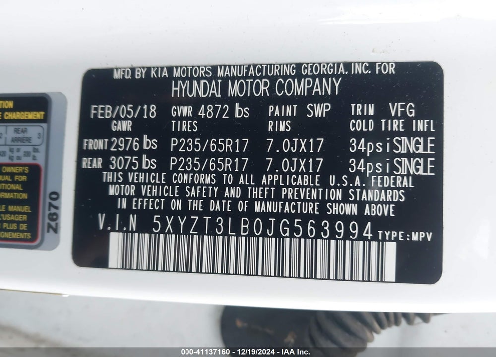2018 HYUNDAI SANTA FE SPORT 2.4L VIN: 5XYZT3LB0JG563994