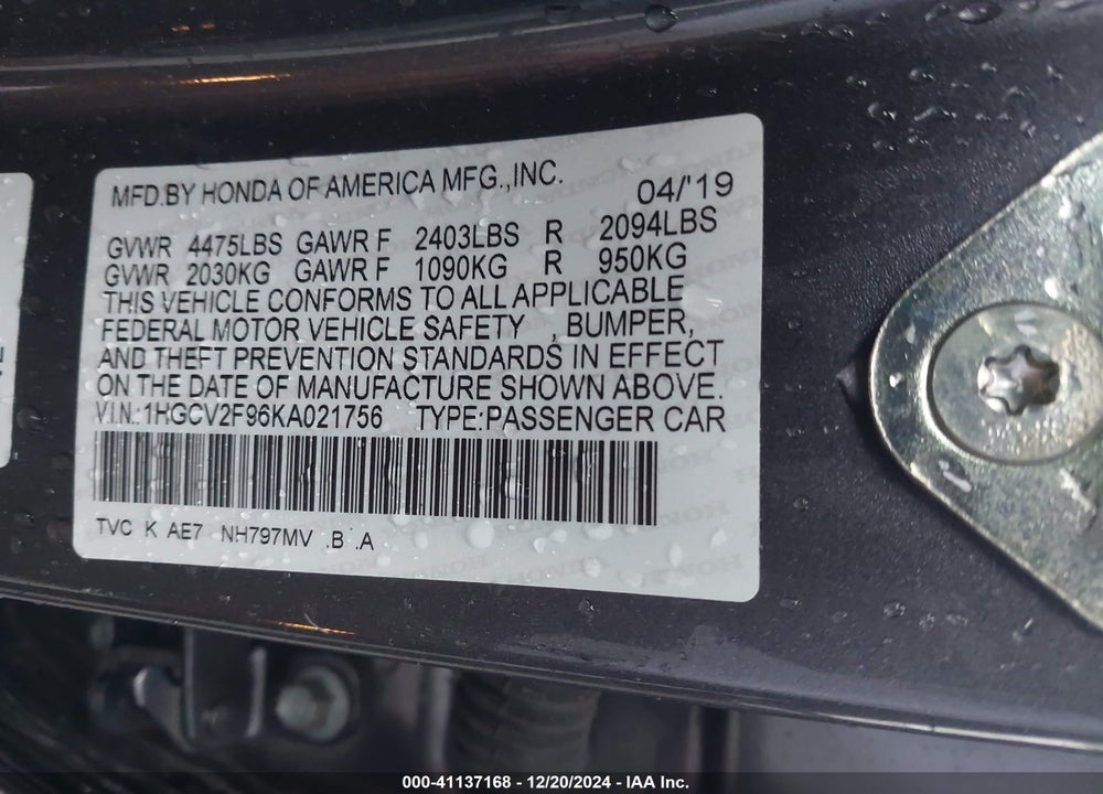 2019 HONDA ACCORD TOURING 2.0T VIN: 1HGCV2F96KA021756