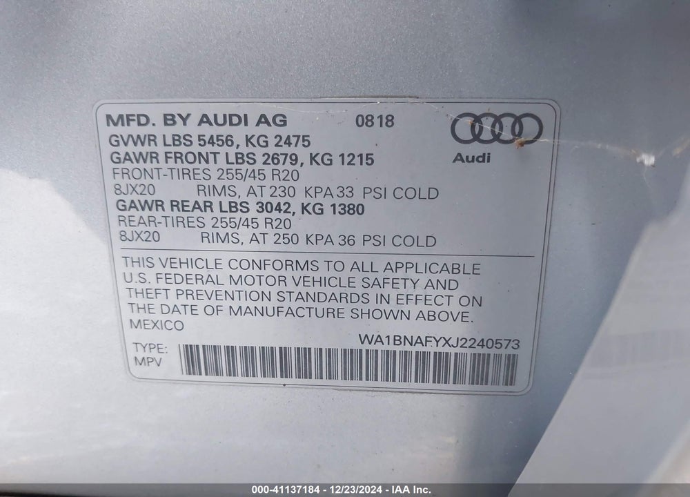 2018 AUDI Q5 2.0T PREMIUM/2.0T TECH PREMIUM VIN: WA1BNAFYXJ2240573