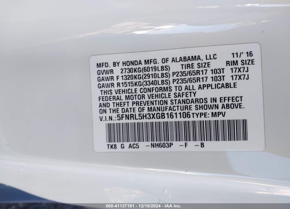 2016 HONDA ODYSSEY SE VIN: 5FNRL5H3XGB161106