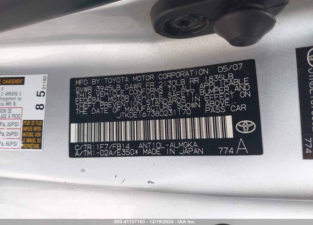 2008 TOYOTA SCION TC VIN: JTKDE167380231170