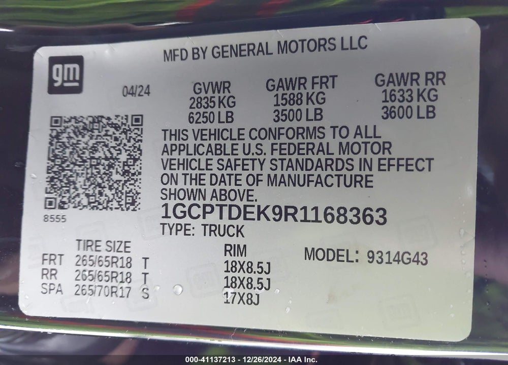 2024 CHEVROLET COLORADO 4WD Z71 VIN: 1GCPTDEK9R1168363